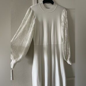 Nina Leonard Ivory Puff-Sleeve Midi Dress